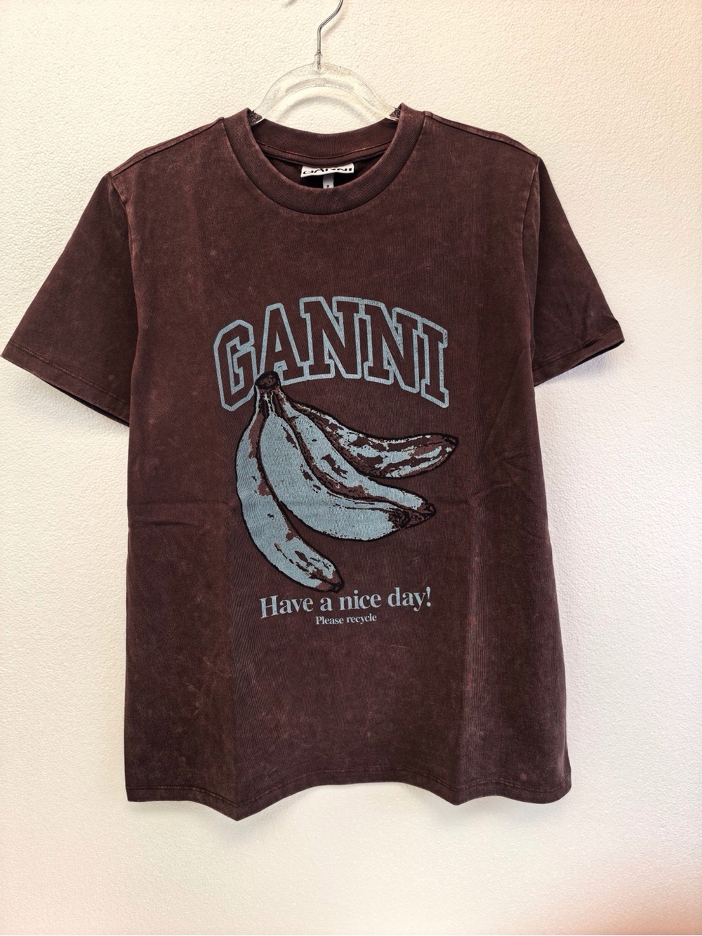 Ganni Brown Graphic Tee with Light Blue Print